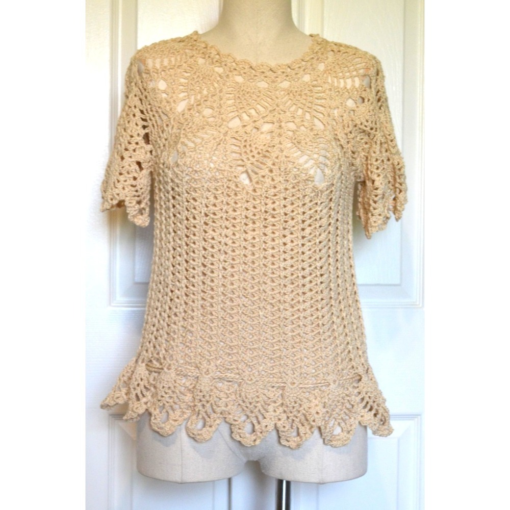 Handmade Beige Crochet Women's Top Cottagecore Short‎ Sleeves Size S